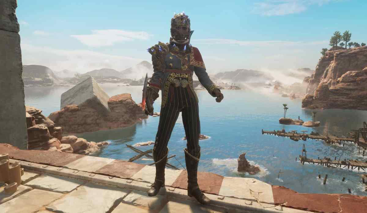 Nor, the protagonist from Flintlock, stands in front of a coastal background, wearing the Sunderer's Helmet, Gauntlet, and Pauldron, three bronze armor pieces with blue crystals sticking out of them.