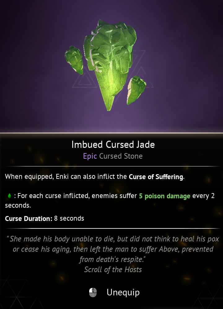 A screenshot from Flintlock showing the Imbued Curse Jade, a green fragmented rock, and its stats in the inventory screen.