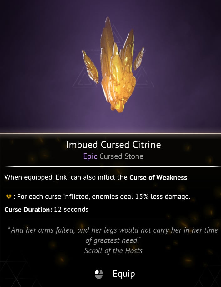 Imbued Cursed Citrine from Flintlock. This screenshot shows the item, which appears as an orange crystal shard, and its stats.