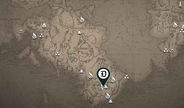 A map from Flintlock showing the location of the Irregular's Pauldron. A black and mint-green Dot Esports logo pin shows exactly where players can find this item.