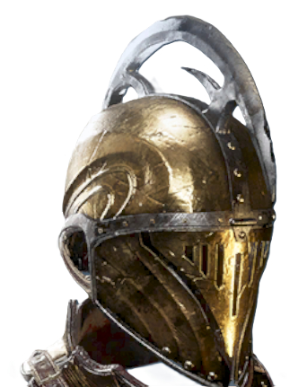 A fully gold metal helmet with a silver rounded blade atop its head, the Irregular's Helmet from Flintlock.