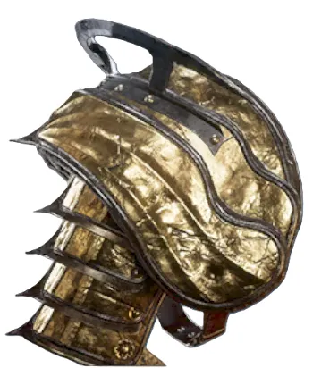 A fully gold shoulder armor piece from Flintlock. The Irregular's Pauldron, this armor piece has spiky designs across its plating.