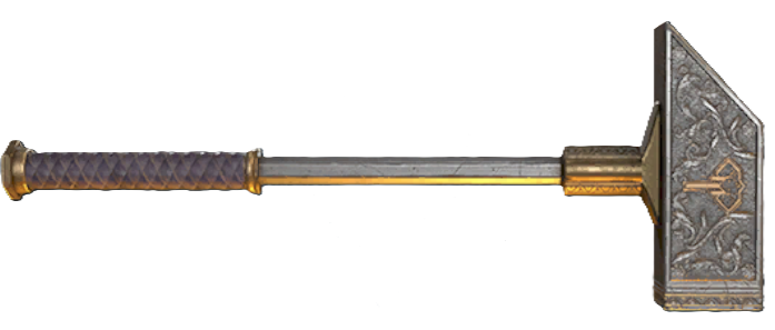 A hammer with a gold handle leading up to a thick, grey head.