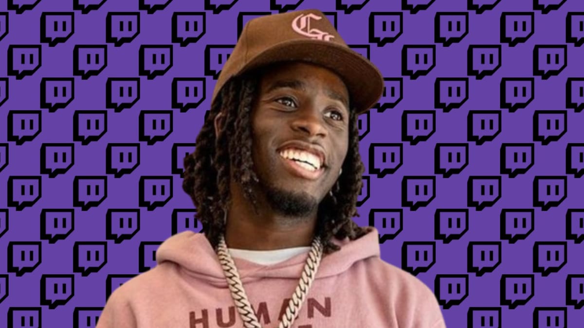 Kai Cenat smiling with the purple Twitch logo repeating in the background.