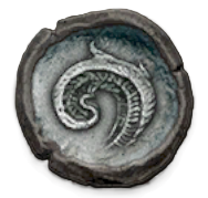 Screenshot from Flintlock showing a dark-gray coin with a shell-like swirl pattern on its center.
