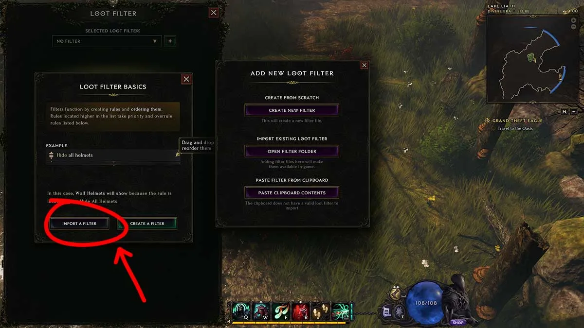 Last Epoch Loot Filter menu with Import Loot Filter circled with a red arrow pointing to it