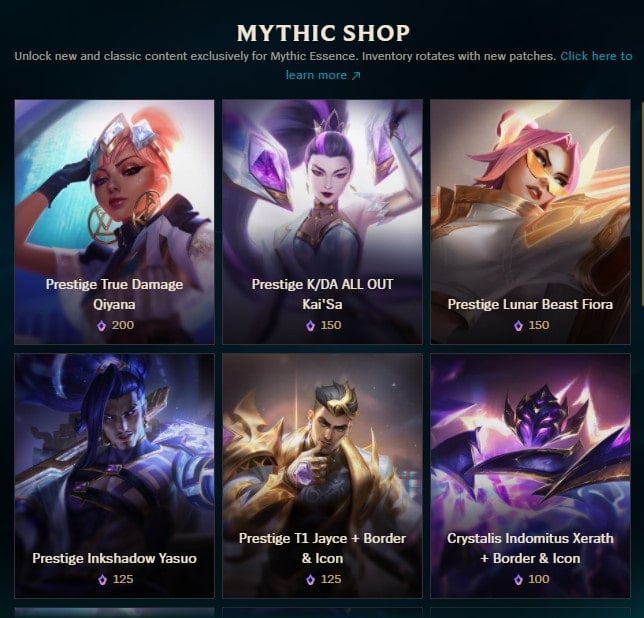 An image of the League of Legends Mythic Shop, which contains skins for Kai'sa, Fiora, Qiyana, and Yasuo