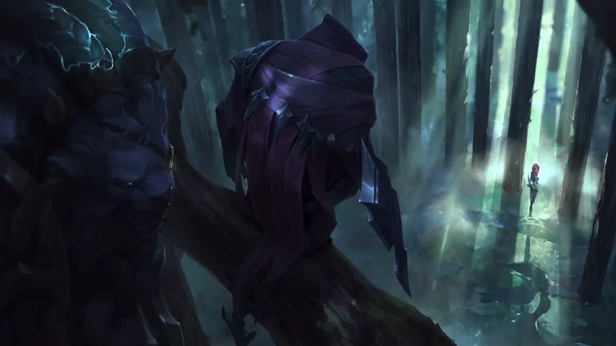 Rengar and a hooded figure in a tree, looking down at their prey in a wooded area.