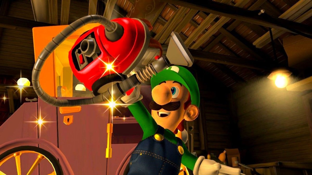Luigi holding a vacuum cleaner aloft like it's the Holy Grail or something