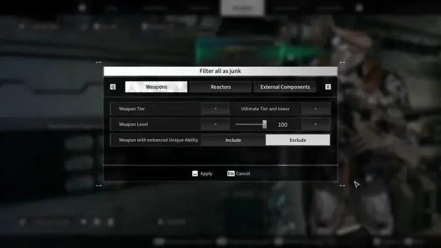 The filter window for quickly dismantling weapons in The First Descendant