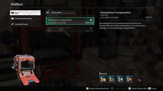 The First Descendant mailbox is showing compensation rewards