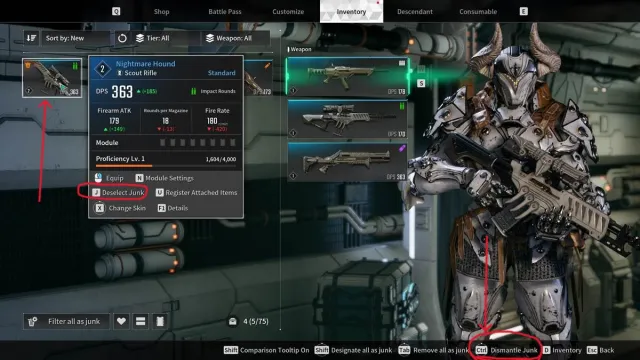 Dismantling weapons in The First Descendant on the inventory screen