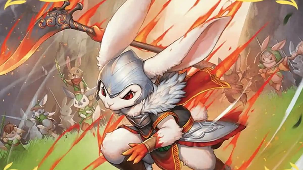 Rabbit leading other rabbits to battle in Bloomburrow MTG set