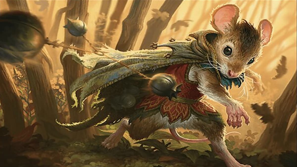 Mouse throwing a trap in Bloomburrow MTG set