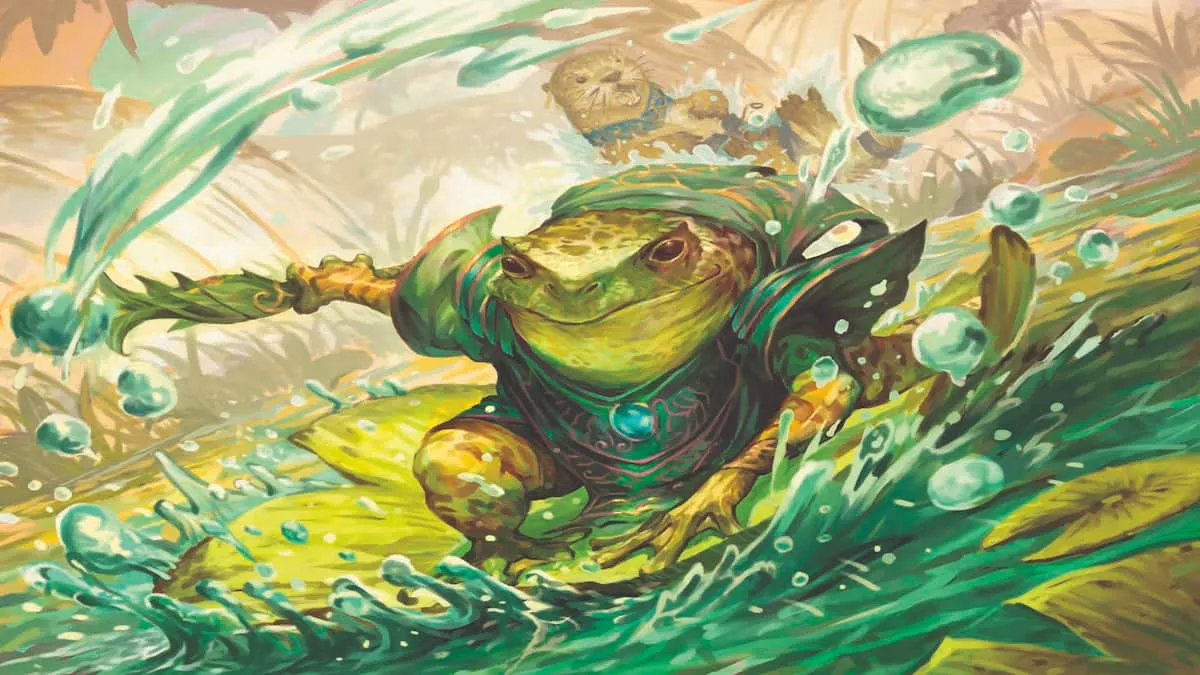 Frog surfing on lilypad in Bloomburrow MTG set