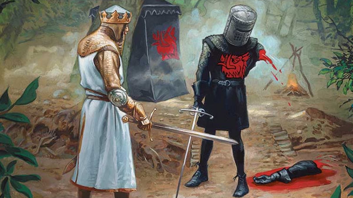 Knight cutting off another Knights arm in MTG Monty Python Secret Lair card