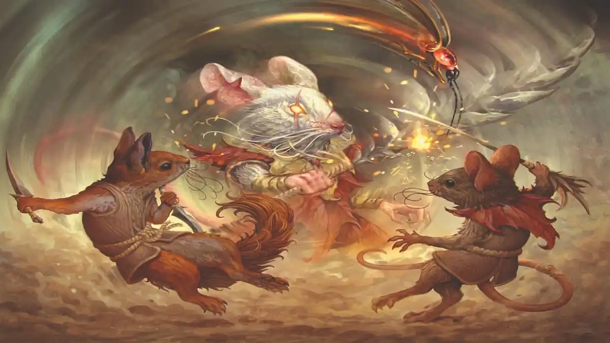 Mouse Soldiers battling in Bloomburrow MTG set
