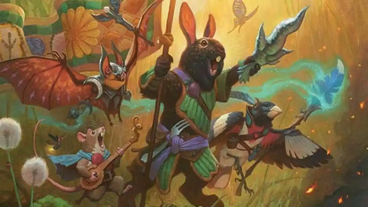 Rabbit leading the charge of animals through Bloomburrow MTG set