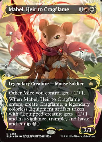 Mabel holding red sword in Bloomburrow MTG set