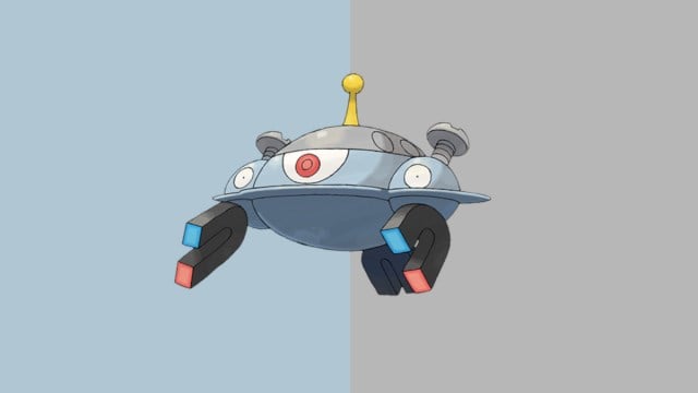 Magnezone in Pokemon Go, a magnet-like creature on a silver and gray background.