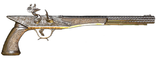 A silver pistol with gold accents and an ornate design from Flintlock.