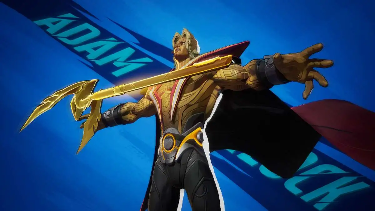 Adam Warlock in stylized shot with hero name for the Marvel Rivals hero menu