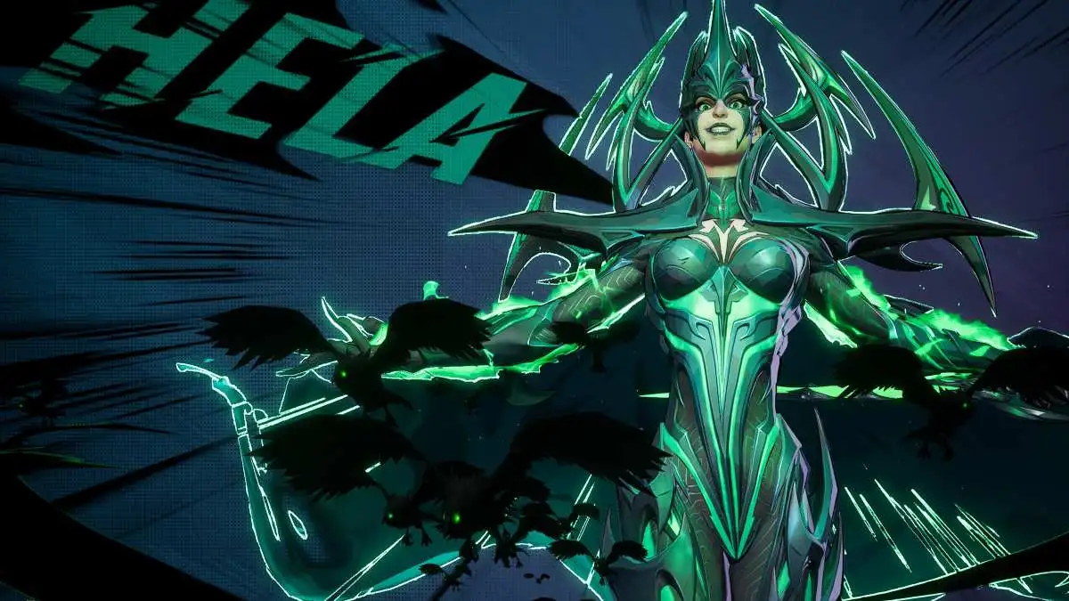 Hela in stylized shot with hero name for the Marvel Rivals hero menu