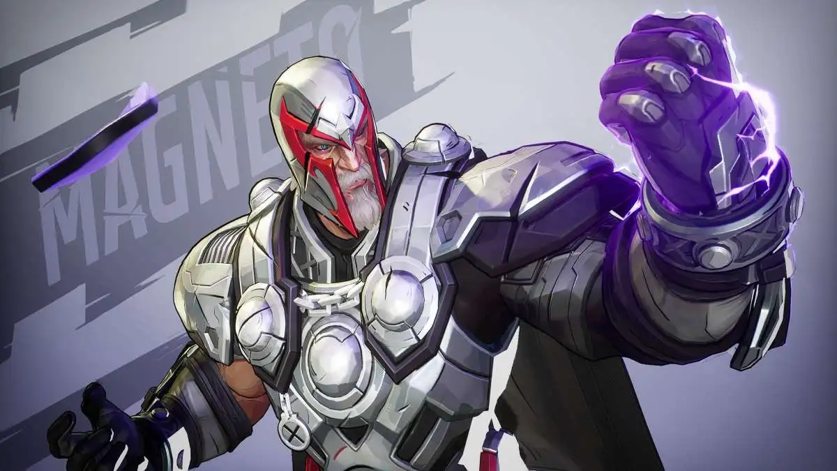 Magneto in stylized shot with hero name for the Marvel Rivals hero menu