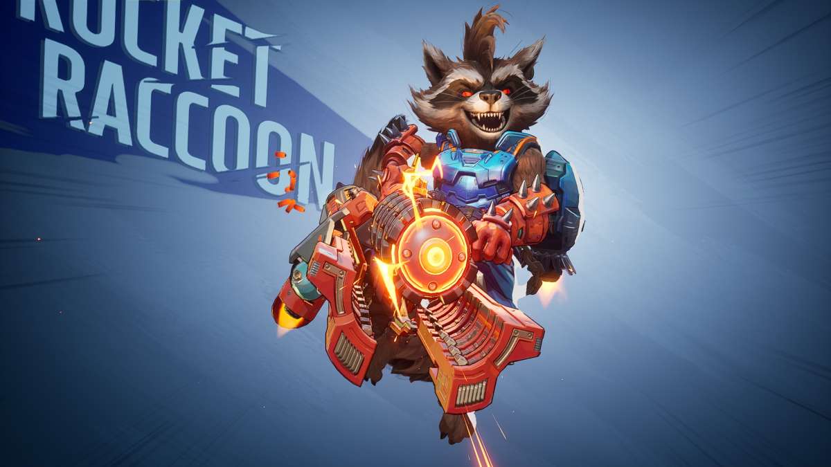 Rocket Raccoon in stylized shot with hero name for the Marvel Rivals hero menu