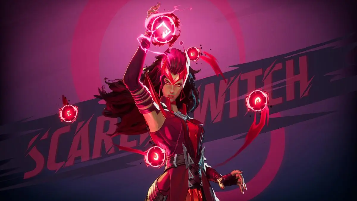 Scarlet Witch in stylized shot with hero name for the Marvel Rivals hero menu