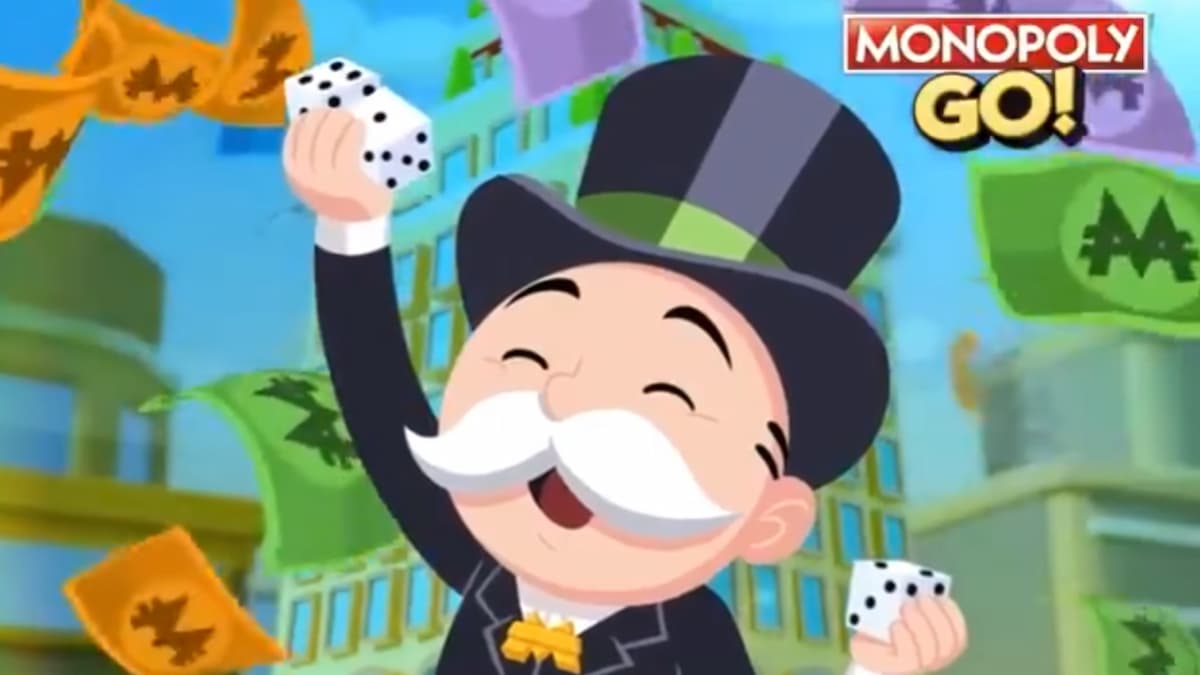Mr. Monopoly rolling dice for rewards in Monopoly GO