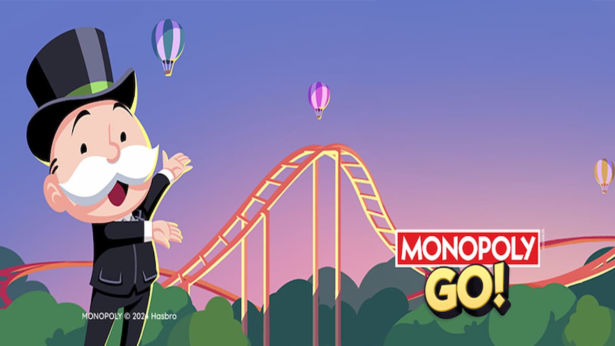 Mr. Monopoly standing by roller coaster in Monopoly GO event