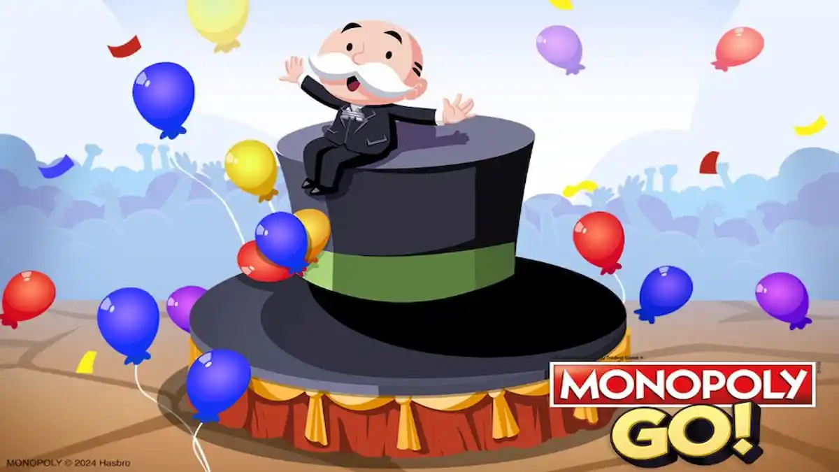 Mr. Monopoly on top hat with ballons in Monopoly GO