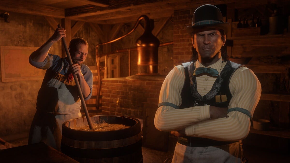 Player character with Marcel stirring a cauldron in the Moonshining Shack in Red Dead Online