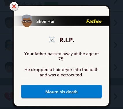 Picture showcasing the option to Mourn your parents' death in Bitlife.