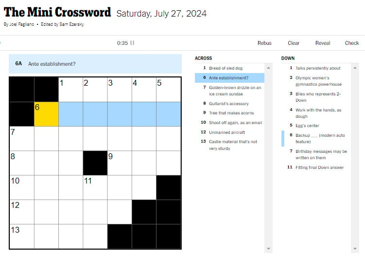Picture of the NYT Mini Crossword showing the clue Ante establishment.