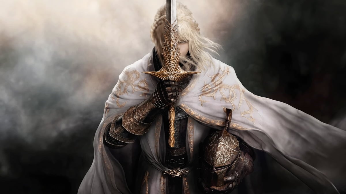 Needle Knight Leda holding up her sword in Elden Ring
