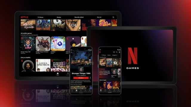 Several different tablets and phones showing an array of Netflix Games such as Stranger Things 1994/Stranger Things The Game