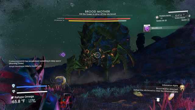 An image from No Man's Sky of a Brood Mother boss fight.