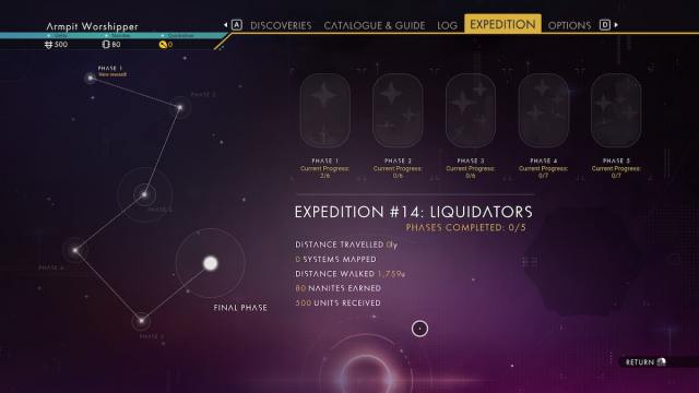 An image from No Man's Sky of the Liquidator Expedition phases.