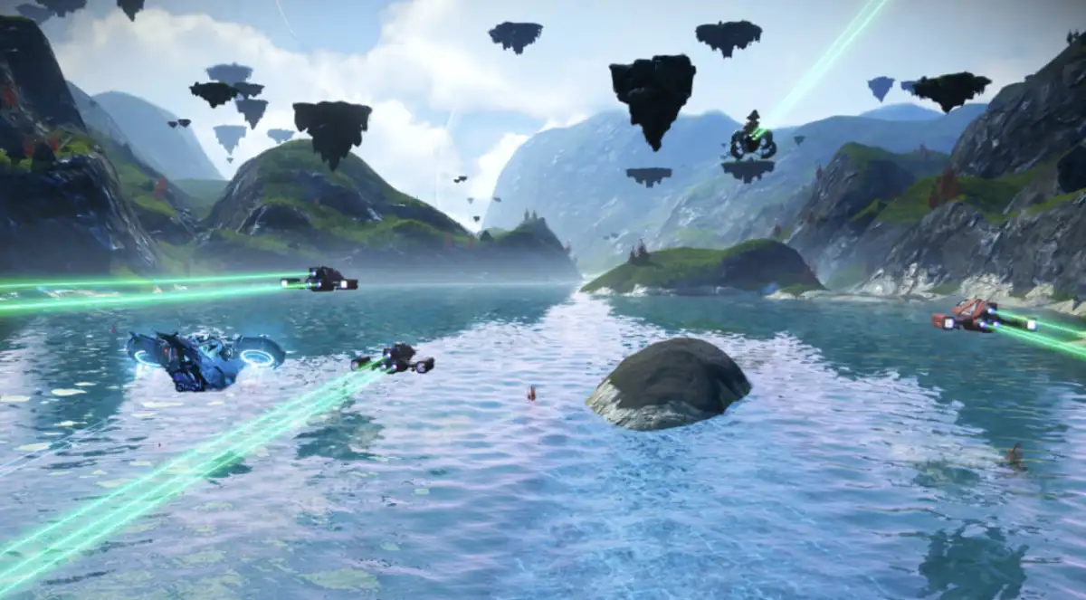 Space ships fly over reflective water with dozens of floating islands in the background.