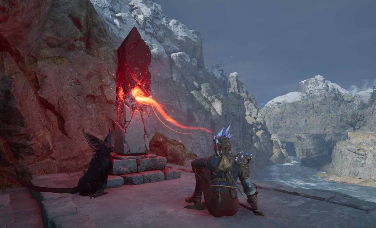 A screenshot of Nor in front of an Inaya Shrine, with Enki, a black fox-like entity, sitting nearby.