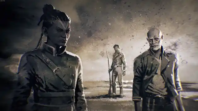 A sepia cinematic from Flintlock showing Nor standing next to Baz, an older balding man.