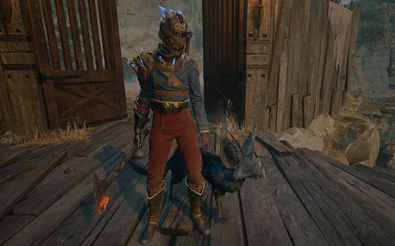 A screenshot from Flintlock showing Nor, wearing the Sunderer's Armor, with Enki, a little black fox-like creature, standing by her side