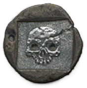 A screenshot from Flintlock showing a dark-gray coin with a square stamp in the middle. A skull design is inside the square.