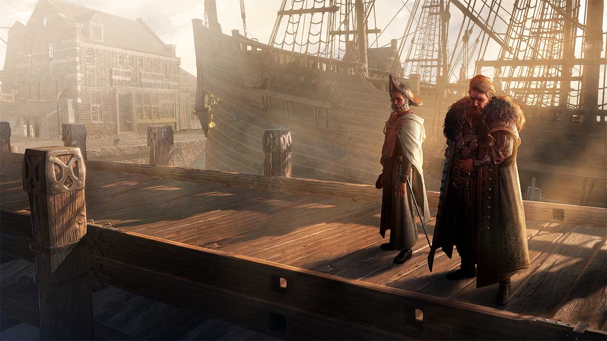 Path of Exile Settlers of Kalguur expansion key art showing two characters on a pier by a ship