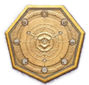 A golden heptagonal coin. Circular designs decorate the edges and center of the coin.