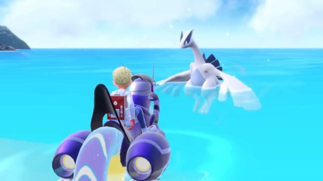 Lugia floating in water in Pokémon Scarlet and Violet.