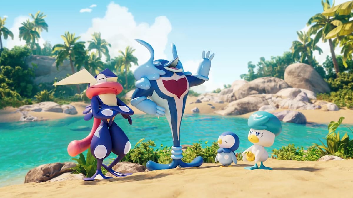 Greninja, Palafin, Quaxly, and Piplup on a beach.