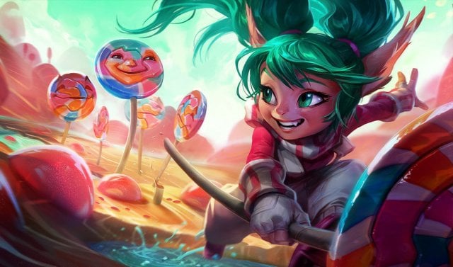 An image of League of Legends champion poppy holding a lolly pop. She appears to be running around from a field of lollies, one with her face on it.